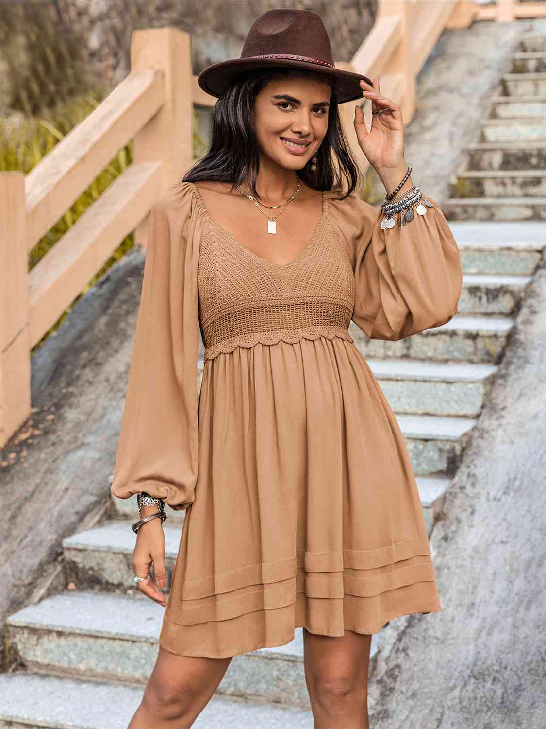 Rosy Brown Crochet V-Neck Balloon Sleeve Dress Sentient Beauty Fashions Apparel &amp; Accessories