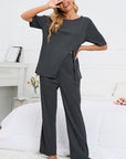Dark Slate Gray Slit Round Neck Top and Pants Lounge Set Sentient Beauty Fashions Apparel & Accessories