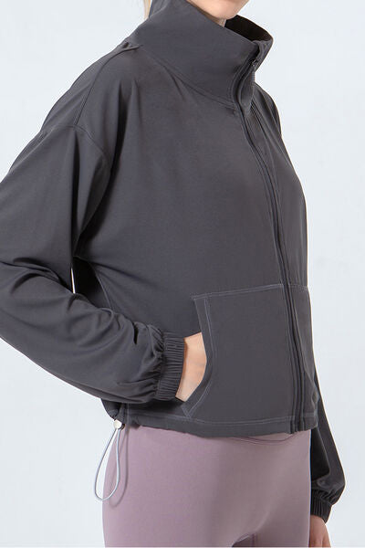Dark Slate Gray Drawstring Zip Up Dropped Shoulder Active Outerwear Sentient Beauty Fashions Apparel &amp; Accessories