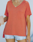 Sienna Heathered Slit V-Neck Short Sleeve T-Shirt Sentient Beauty Fashions Apparel & Accessories