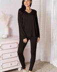 Gray Basic Bae Full Size V-Neck Soft Rayon Long Sleeve Top and Pants Lounge Set Sentient Beauty Fashions Pants