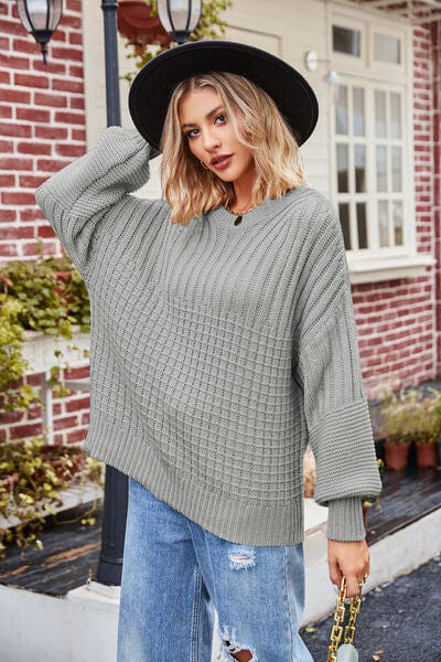 Dark Gray Ribbed Drop Shoulder Lantern Sleeve Sweater