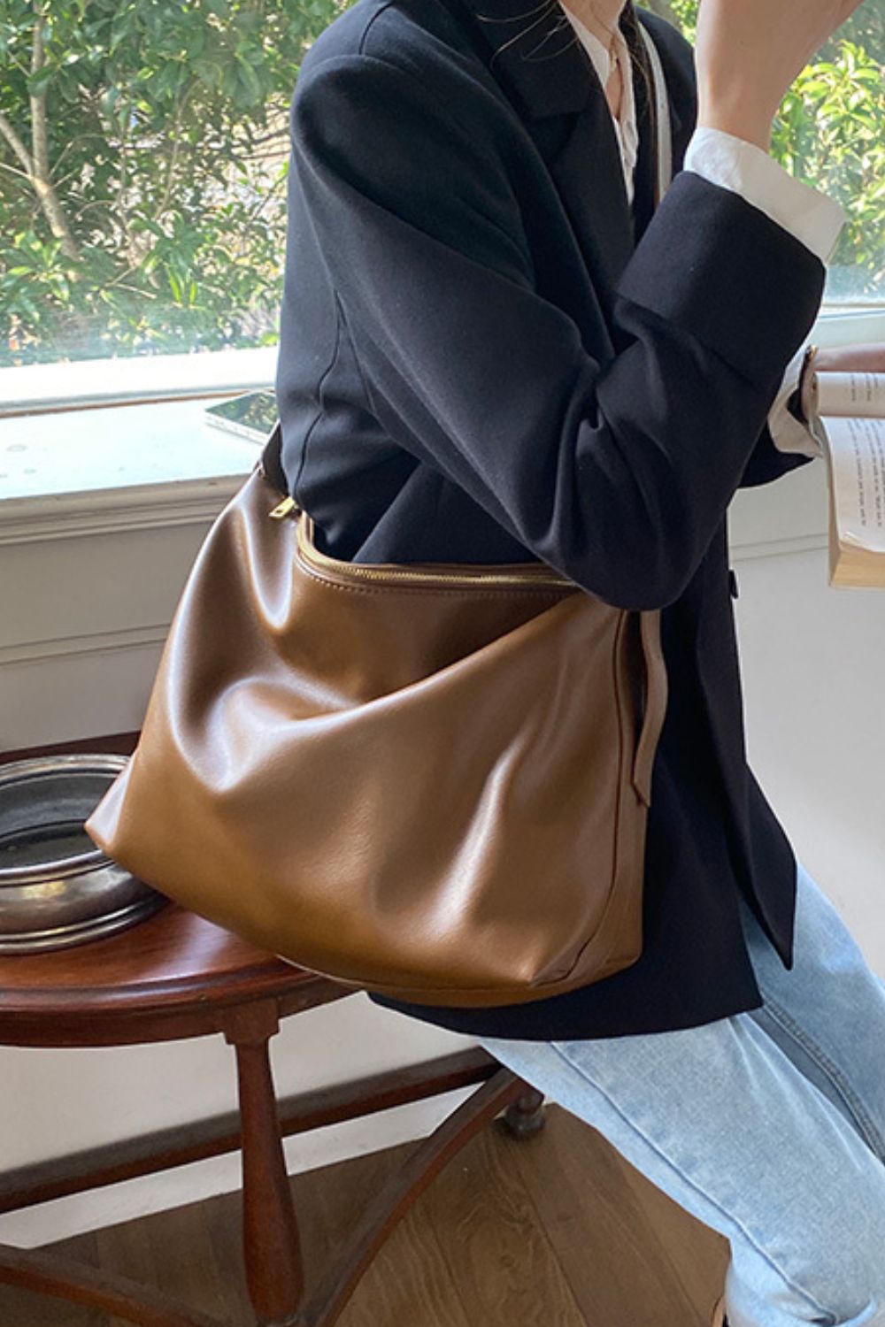 Dark Slate Gray Wide Strap PU Leather Crossbody Bag Sentient Beauty Fashions Bag