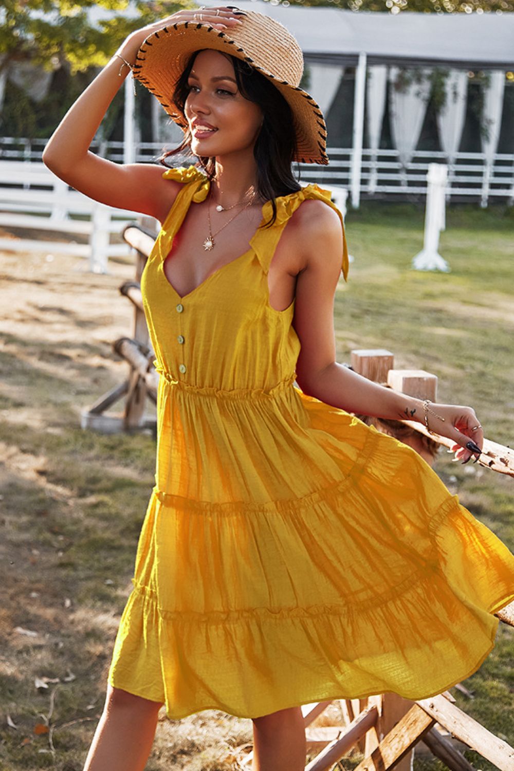 Sienna Tie-Shoulder Decorative Button V-Neck Dress Sentient Beauty Fashions Apparel & Accessories