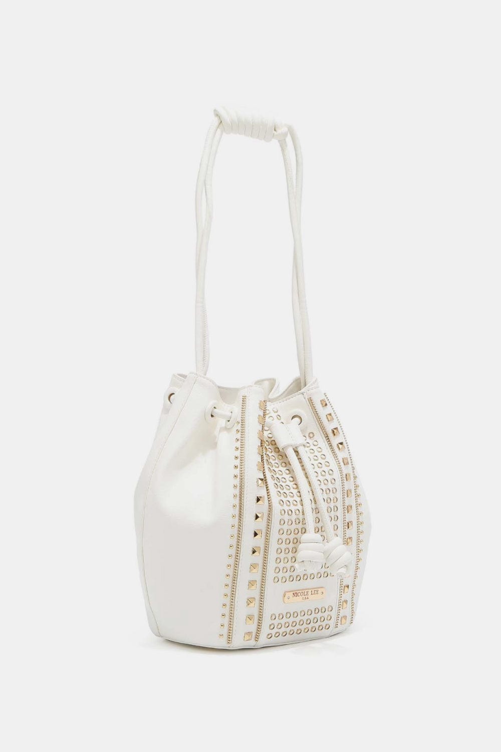 White Smoke Nicole Lee USA Amy Studded Bucket Bag Sentient Beauty Fashions *Accessories