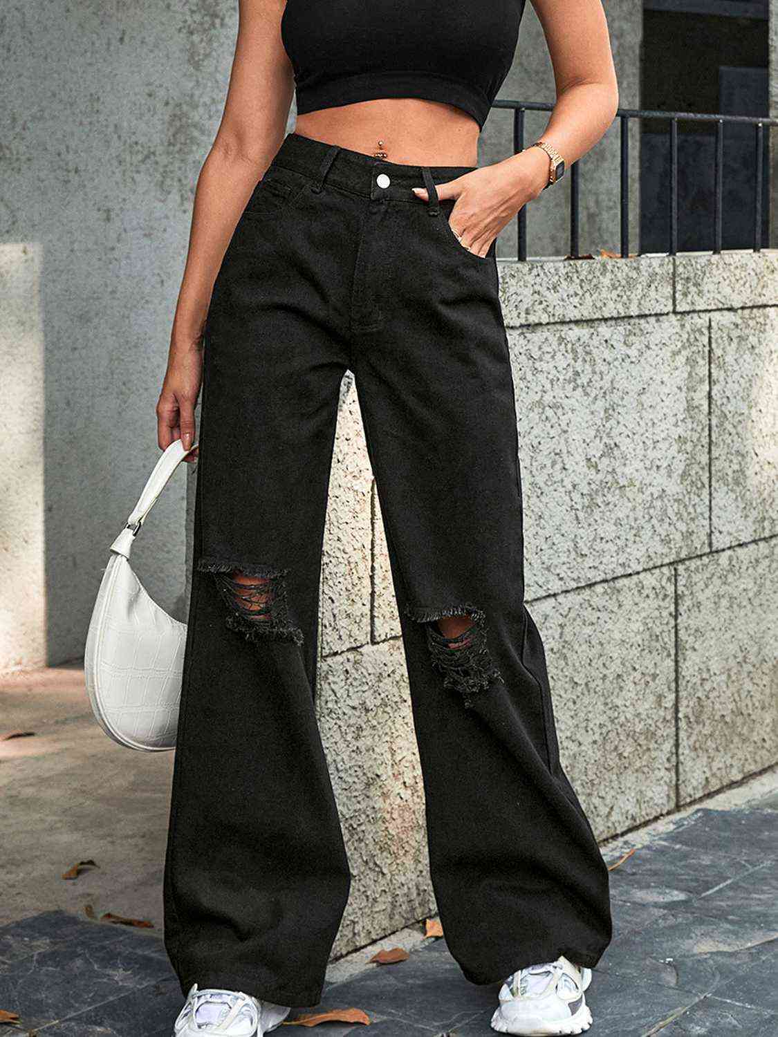 Dark Slate Gray Distressed Wide Leg Jeans Sentient Beauty Fashions Apparel &amp; Accessories