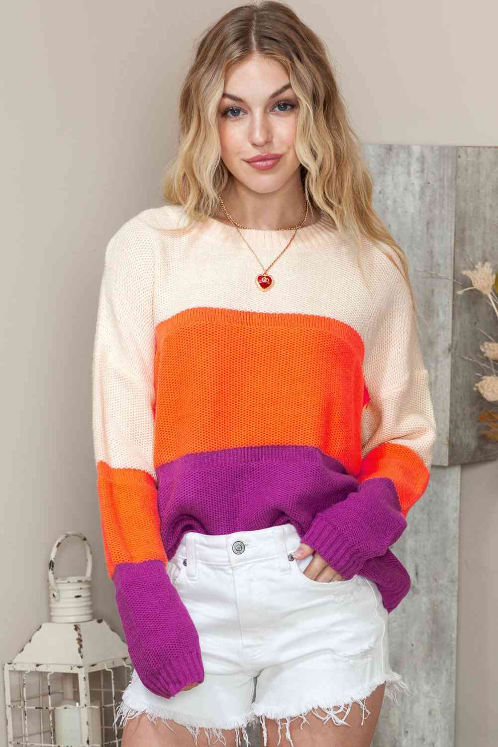 Gray Round Neck Color Block Sweater