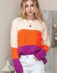 Gray Round Neck Color Block Sweater