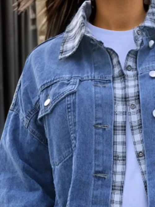 Slate Gray Plus Size Plaid Collared Neck Raw Hem Denim Jacket