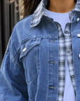 Slate Gray Plus Size Plaid Collared Neck Raw Hem Denim Jacket Sentient Beauty Fashions Apparel & Accessories
