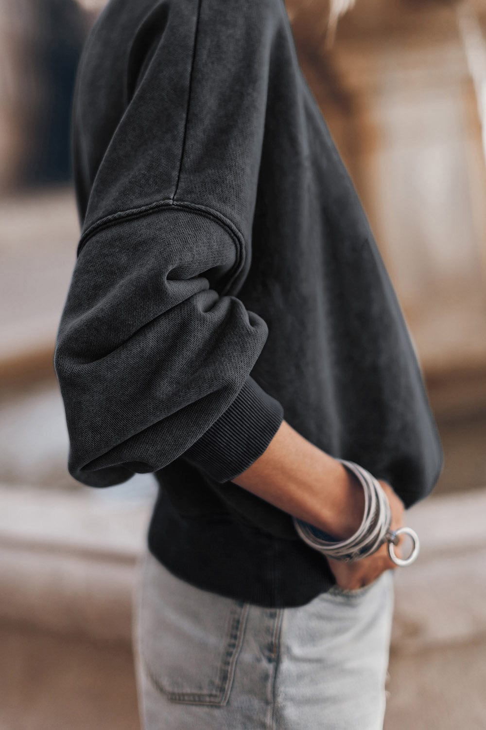 Dark Slate Gray Round Neck Dropped Shoulder Sweatshirt