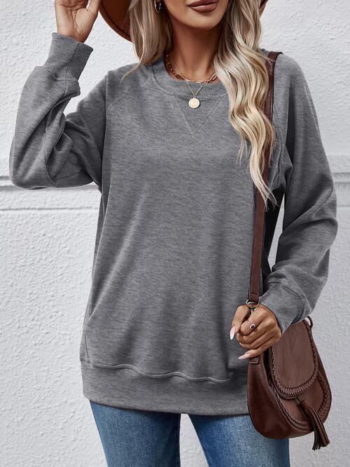 Dim Gray Round Neck Long Sleeve Sweatshirt Sentient Beauty Fashions Apparel & Accessories