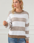 Light Gray Striped Round Neck Long Sleeve Knit Top Sentient Beauty Fashions Apparel & Accessories