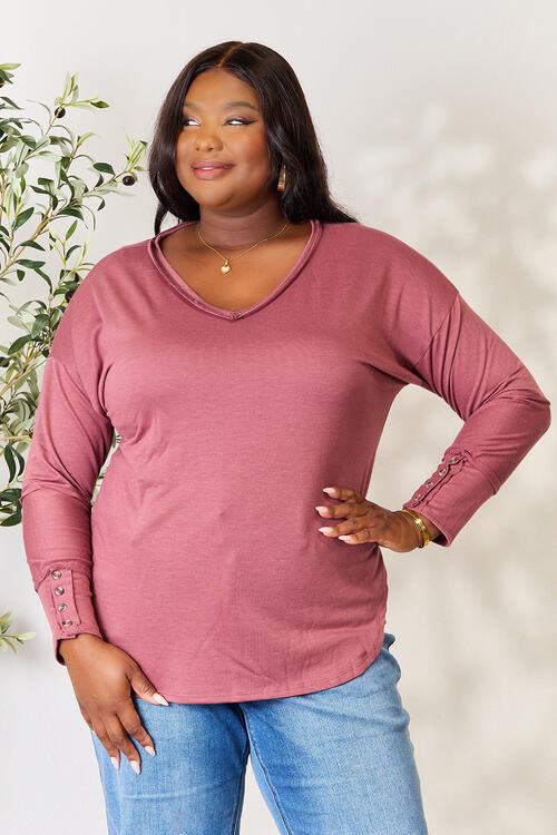 Light Gray Culture Code Full Size V-Neck Exposed Seam Long Sleeve Blouse Sentient Beauty Fashions Apparel &amp; Accessories