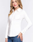 Lavender ACTIVE BASIC Long Sleeve Front Pocket DTY Brushed Shirt Sentient Beauty Fashions Apparel & Accessories