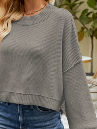 Dim Gray Round Neck Lantern Sleeve Sweater