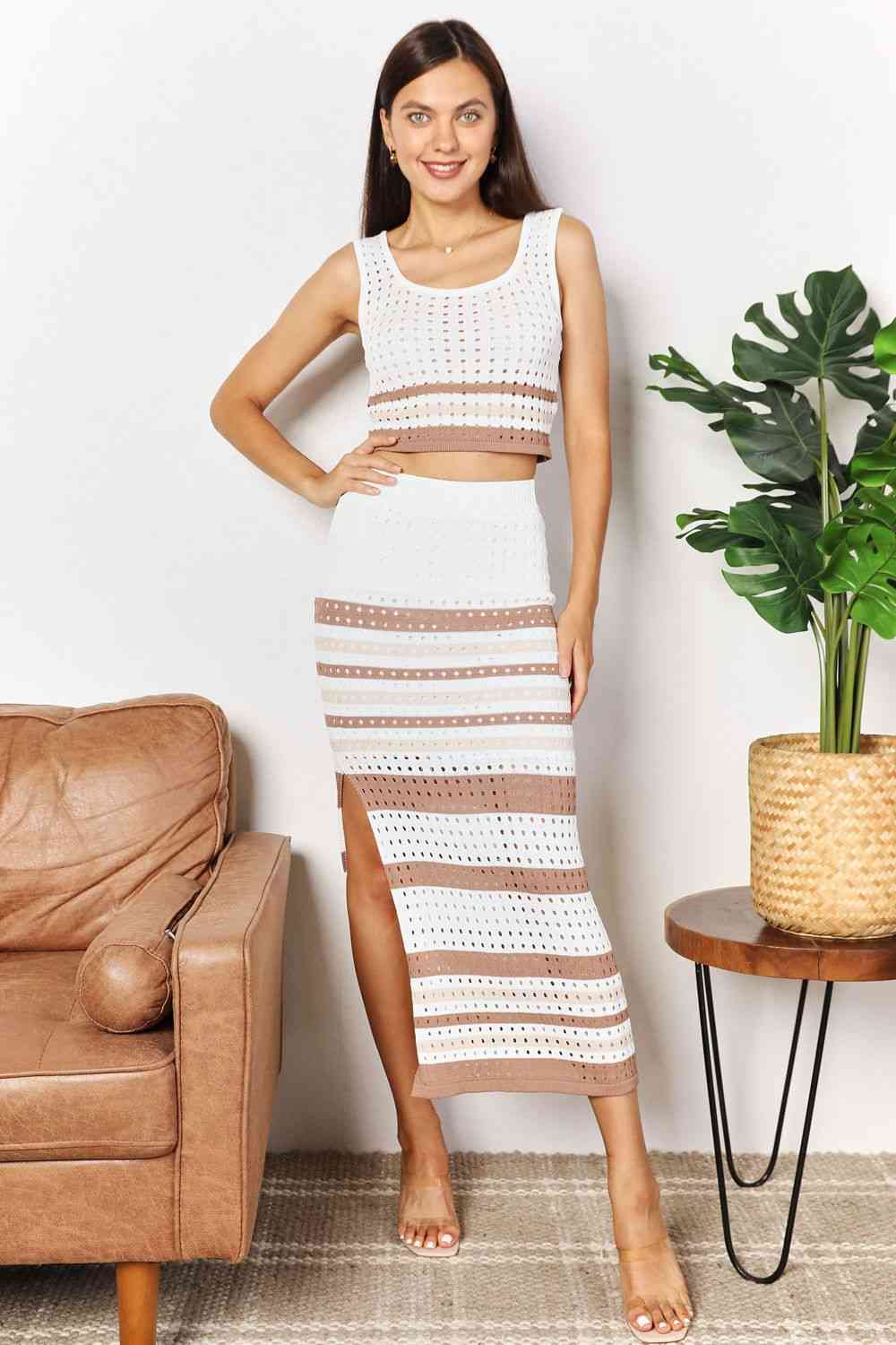 Light Gray Double Take Striped Openwork Cropped Tank and Split Skirt Set Sentient Beauty Fashions Apparel &amp; Accessories