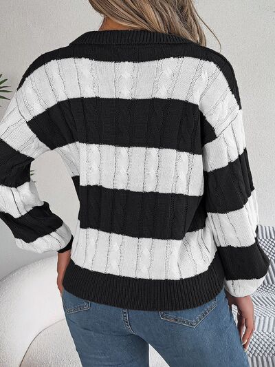 Dark Slate Gray Cable-Knit Striped Long Sleeve Sweater Sentient Beauty Fashions Apparel &amp; Accessories