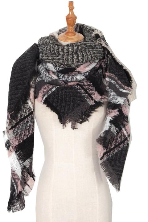 Light Gray Plaid Raw Hem Polyester Scarf Sentient Beauty Fashions *Accessories