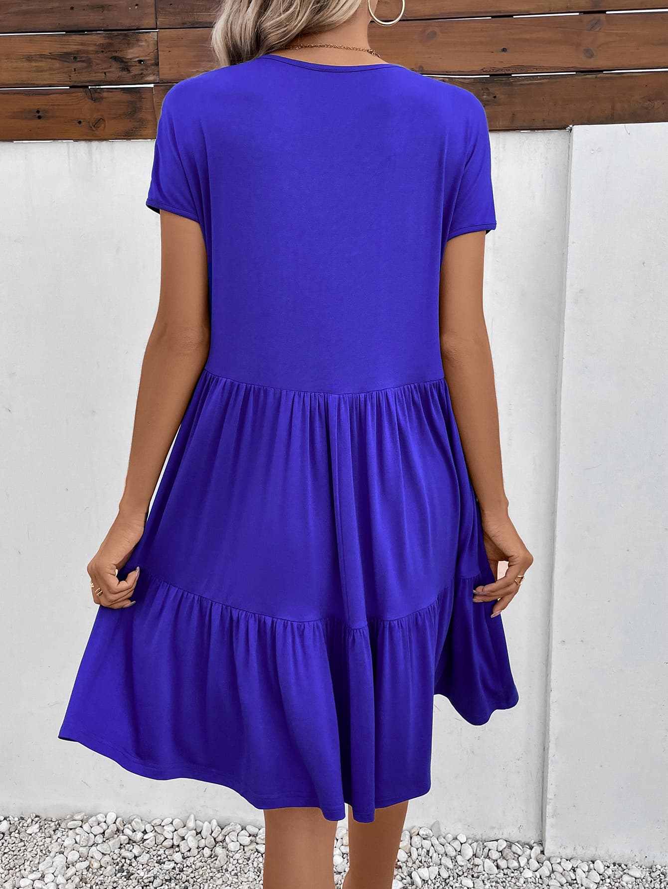 Midnight Blue V-Neck Short Sleeve Dress with Pockets