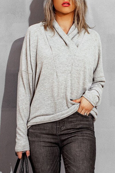 Gray Surplice Dropped Shoulder Long Sleeve Sweater Sentient Beauty Fashions Apparel & Accessories
