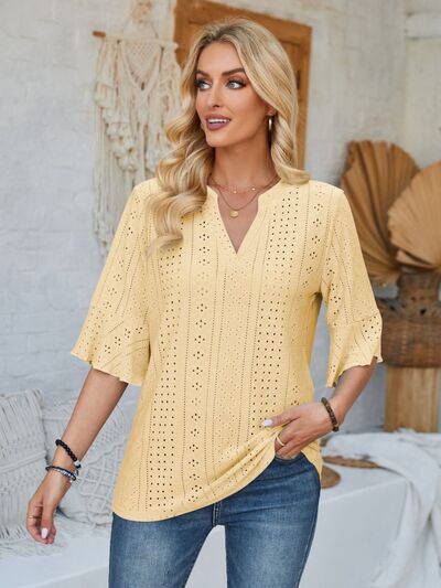 Tan Eyelet Notched Half Sleeve T-Shirt Sentient Beauty Fashions Apparel &amp; Accessories