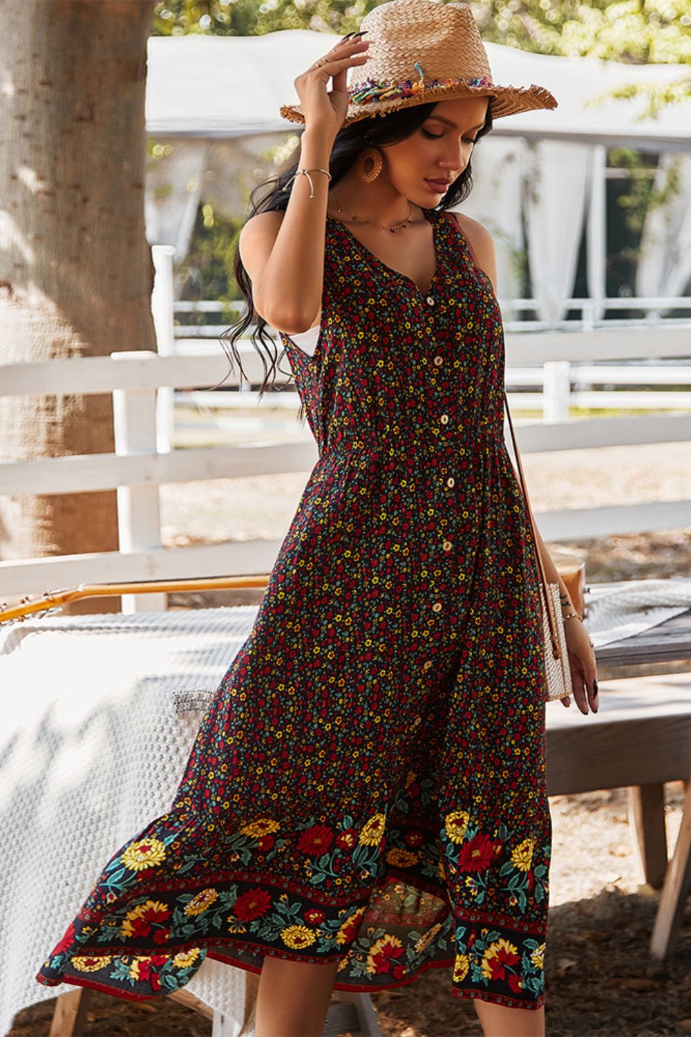 Floral Print Bohemian Style V-neck Sleeveless Midi Dress