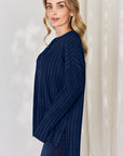 Midnight Blue Basic Bae Full Size Ribbed Half Button Long Sleeve High-Low T-Shirt Sentient Beauty Fashions Apparel & Accessories