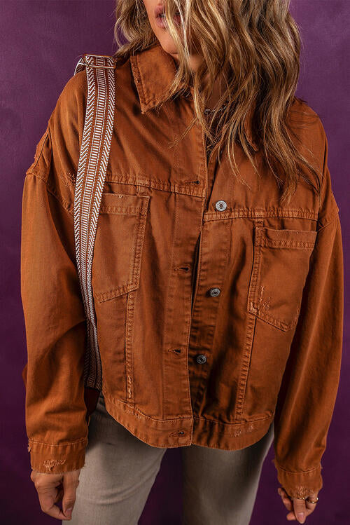 Saddle Brown Collared Neck Button-Up Denim Jacket Sentient Beauty Fashions jackets