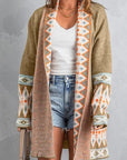 Rosy Brown Geometric Open Front Long Sleeve Cardigan