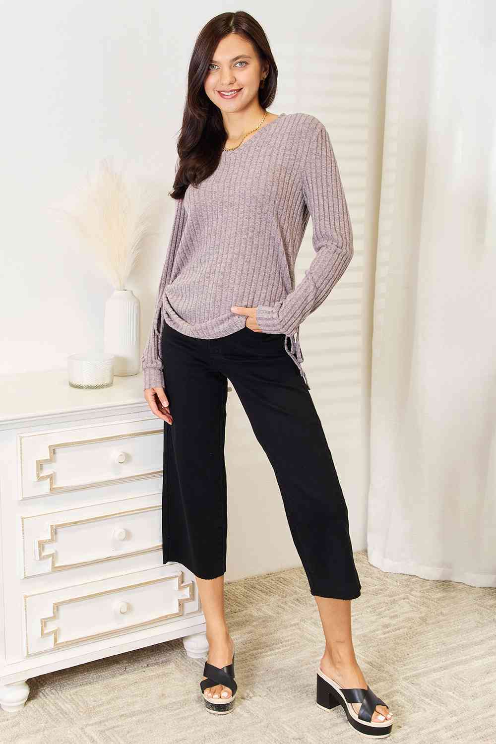 Light Gray Double Take Drawstring Ribbed Long Sleeve T-Shirt