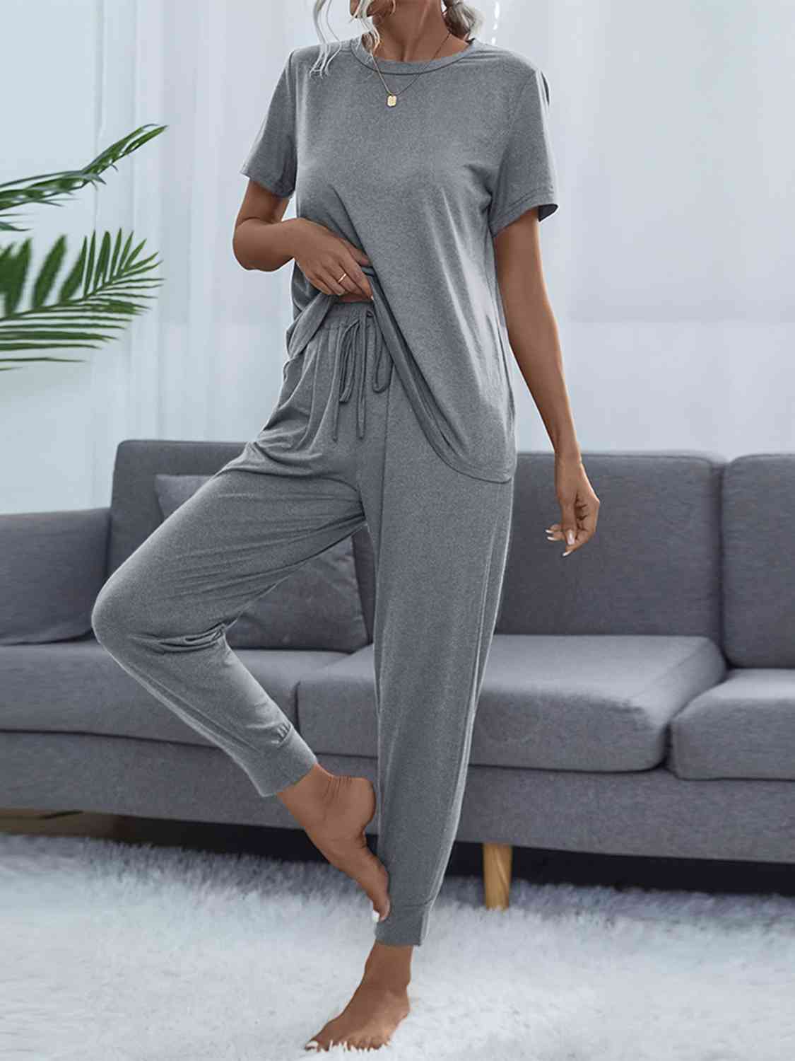 Slate Gray Round Neck Short Sleeve Top and Pants Set Sentient Beauty Fashions Apparel &amp; Accessories