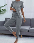 Slate Gray Round Neck Short Sleeve Top and Pants Set Sentient Beauty Fashions Apparel & Accessories