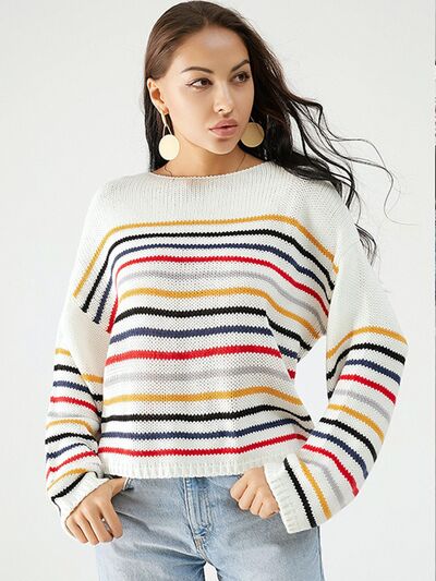 Light Gray Striped Round Neck Dropped Shoulder Sweater Sentient Beauty Fashions Apparel & Accessories