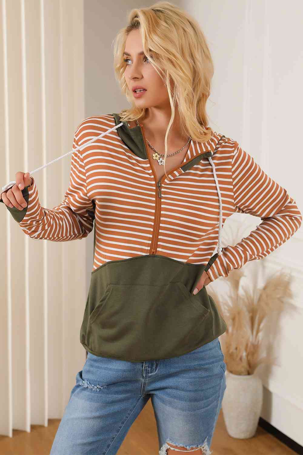 Gray Striped Color Block Drawstring Hoodie Sentient Beauty Fashions Apparel & Accessories