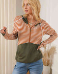 Gray Striped Color Block Drawstring Hoodie