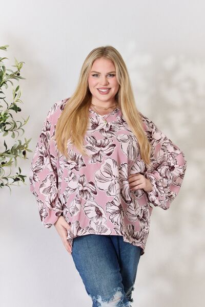 Light Gray Heimish Full Size Floral V-Neck Balloon Sleeve Blouse Sentient Beauty Fashions Apparel &amp; Accessories