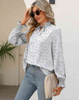 Gray Printed Tie Neck Flounce Sleeve Blouse