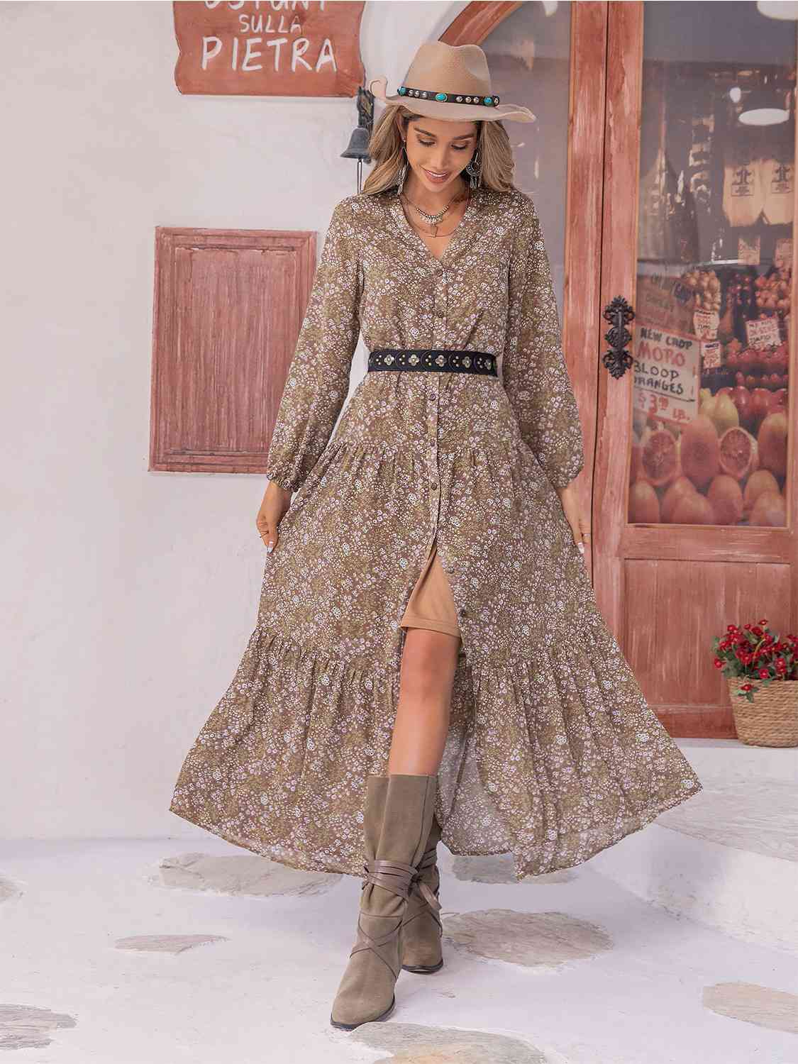 Rosy Brown Floral Button Up V-Neck Tiered Dress Sentient Beauty Fashions Apparel & Accessories