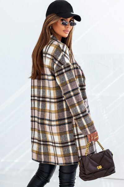 Dark Slate Gray Plaid Longline Jacket with Pockets Sentient Beauty Fashions Apparel &amp; Accessories