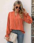 Light Gray Printed Tie Neck Flounce Sleeve Blouse Sentient Beauty Fashions Apparel & Accessories