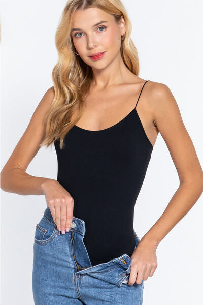 Dark Slate Gray ACTIVE BASIC Ribbed Round Neck Cami Bodysuit Sentient Beauty Fashions Apparel &amp; Accessories