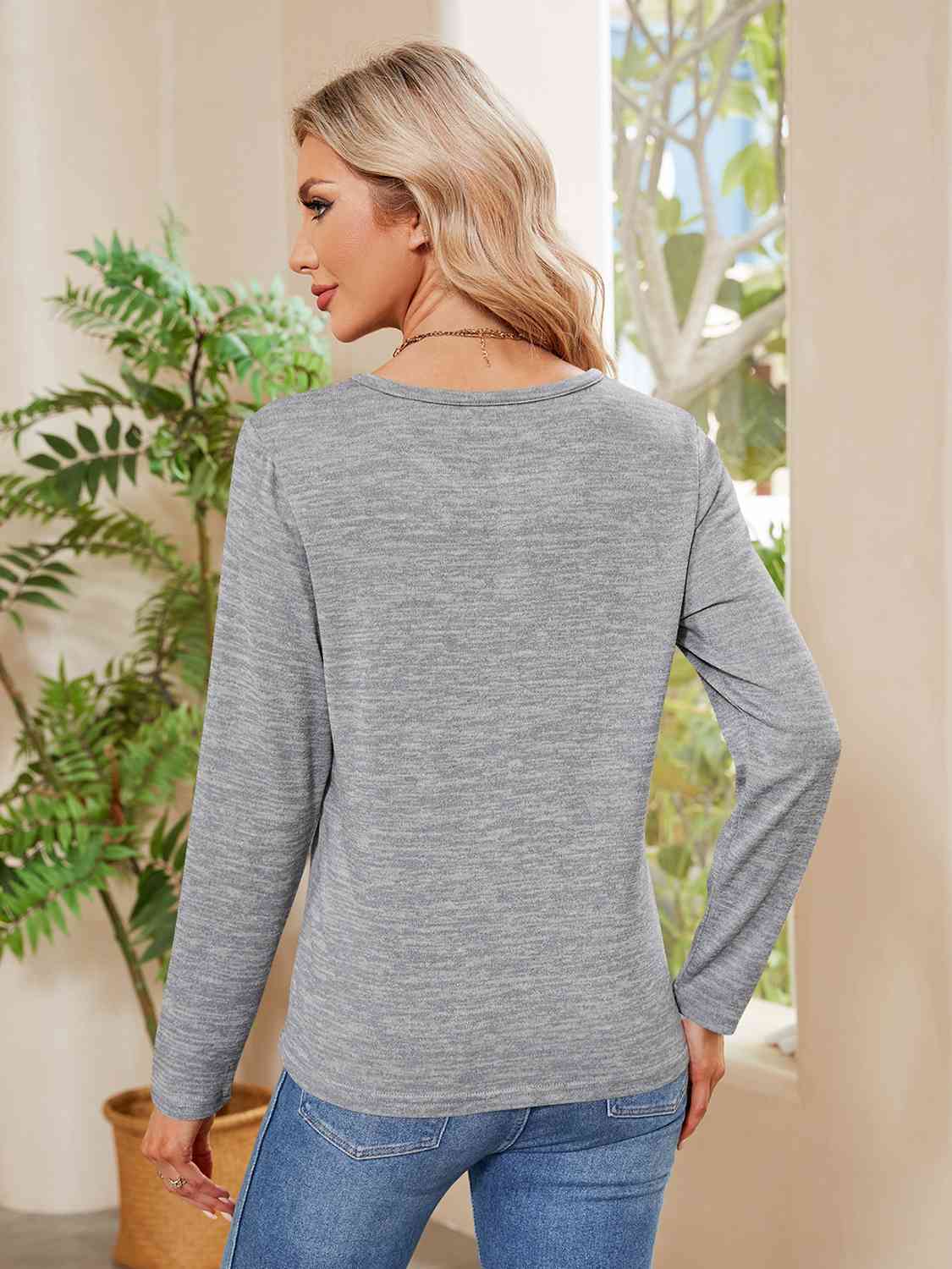 Dark Gray Buttoned Round Neck  Long Sleeve T-Shirt Sentient Beauty Fashions Apparel & Accessories