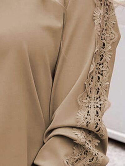 Rosy Brown Lace Detail Round Neck Long Sleeve T-Shirt Sentient Beauty Fashions Apparel &amp; Accessories