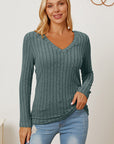 Dark Slate Gray Basic Bae Full Size Ribbed V-Neck Long Sleeve T-Shirt Sentient Beauty Fashions Apparel & Accessories
