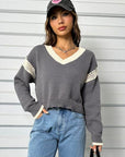 Light Gray Contrast Openwork Long Sleeve V-Neck Sweater