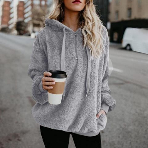 Slate Gray Quarter-Zip Drawstring Teddy Hoodie