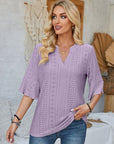 Dark Gray Eyelet Notched Half Sleeve T-Shirt Sentient Beauty Fashions Apparel & Accessories