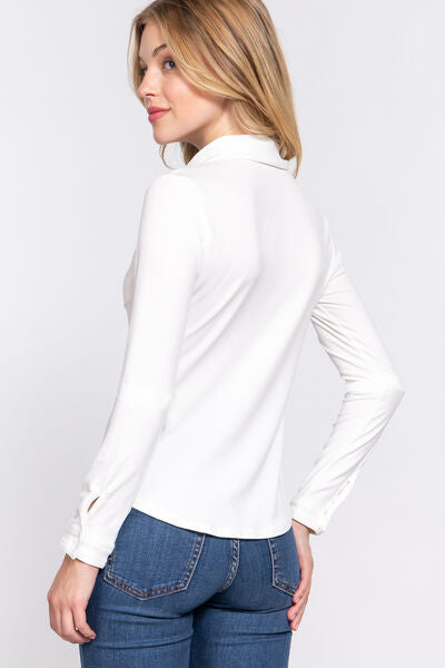 Lavender ACTIVE BASIC Long Sleeve Front Pocket DTY Brushed Shirt Sentient Beauty Fashions Apparel & Accessories