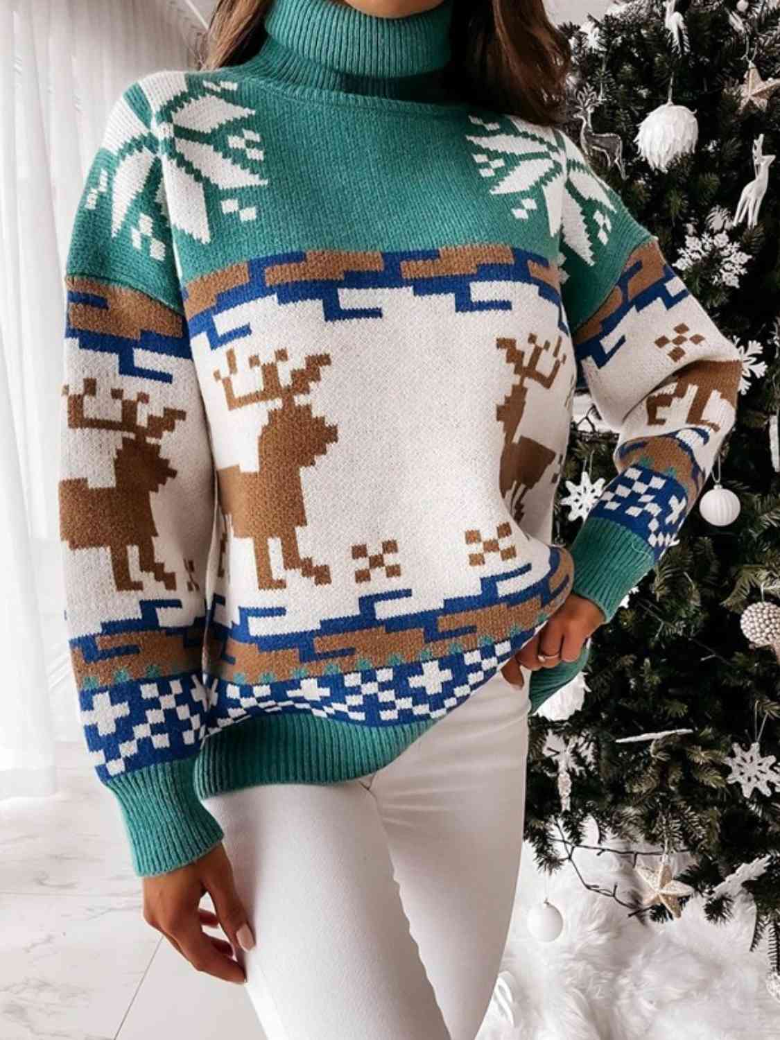 Gray Reindeer Turtleneck Drop Shoulder Sweater